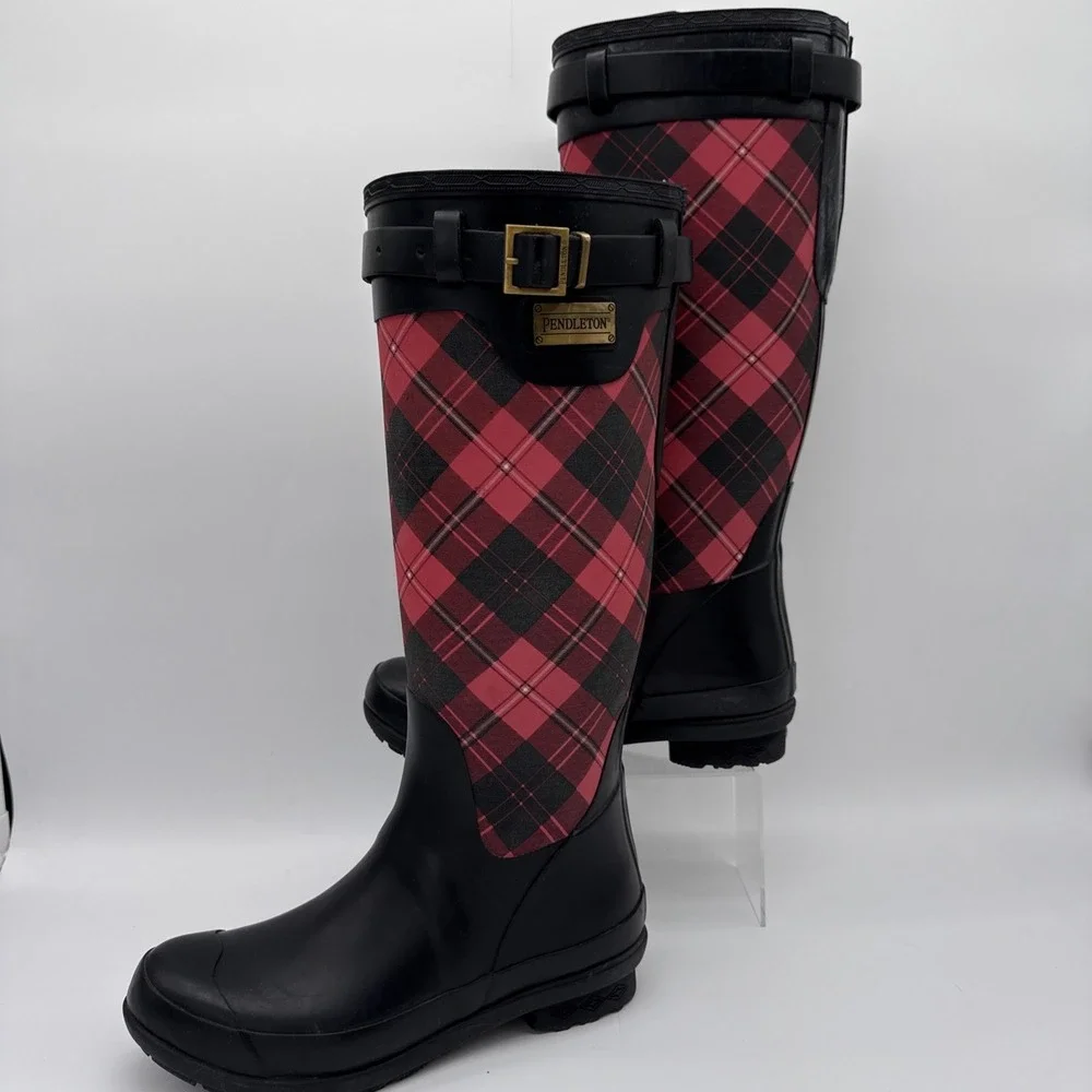 Pendleton Heritage Tall Rubber Rain Boots Red/Black Tartan‎ Women's Sz 8